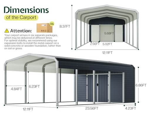 Image of Jocisland 12x24 FT 2-in-1 Carport & Storage Shed, Heavy Duty Carport with Galvanized Steel Roof, 12x4.2 FT Metal Shed with 2 Transparent Panels & Double Doors, Car Canopy for Cars, Boats, Trucks