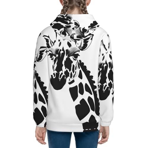 Medium Black and white giraffe Print Girls Athletic Zip Up Hoodies,Sweatshirts with Pockets Long Sleeve Hooded Jackets, for 7-18 Y4