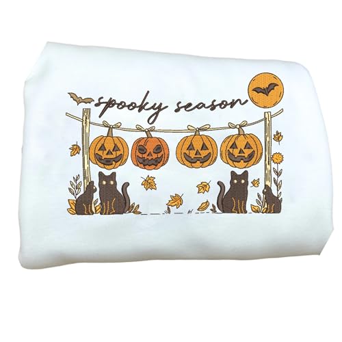 Spooky Season Cat & Pumpkin Embroidered Halloween Sweatshirt – Cute Fall Crewneck, Cozy Autumn Pullover, Festive Halloween Party Shirt Multi2