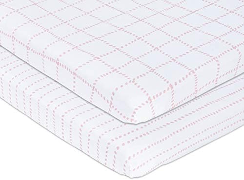 Petit Dreams Pack N Play Mini-Crib Sheet Jersey Knit Cotton for Baby Girl Flexible Fit for Standard Mini-Crib Mattresses, Dotted Stripes & Grid Lines, Pink, (Pack of 2)