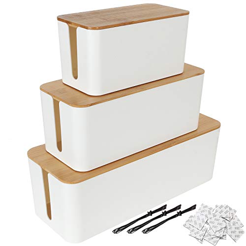 3 Pack Cable Management Box Wooden Style Cord Organizer Box with Cover Power Strip Cable Organizer Box Cord Hider Box, White