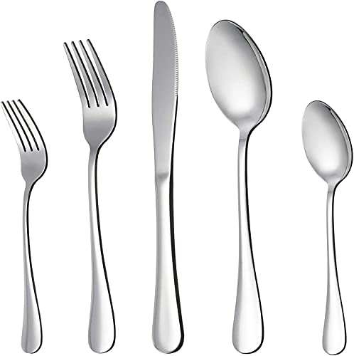 Image of Silverware Set, Stainless Steel Flatware Set, Mirror Polish Cutlery Set, Utensil Sets Service Set for 4 (Silver, Set of 5)