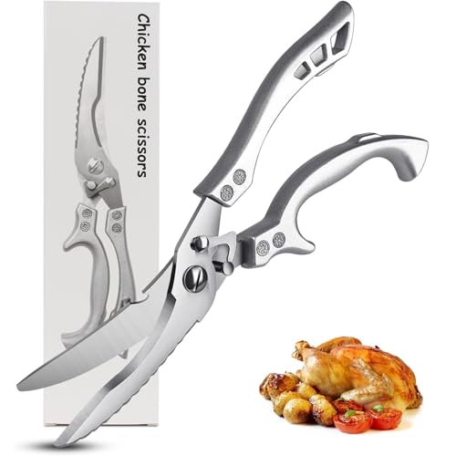Fleymu Tijeras para Aves Profesionales de Acero Inoxidable - Cuchilla Dentada, Tijeras de Cocina para Cortar Pollo, Carne con Huesos, Verduras y Pescado