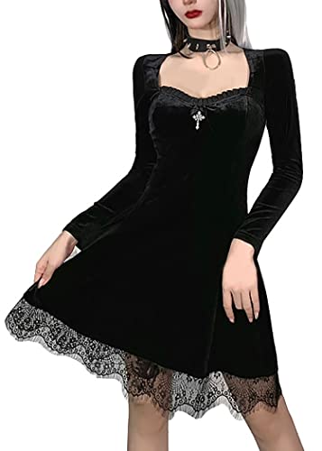 XKBHYD Gothic Kleid Damen Schwarz Halloween Kostüm Samt Langarm Minikleid mit Spitze Eckiger Ausschnitt Elegant Festlich Partykleid