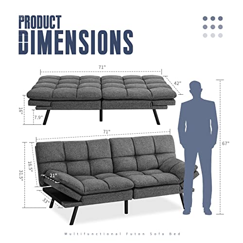 Iululu Sofa Bed, Modern Convertible Futon Sleeper Couch Daybed With Adjustable Armrests For Studio, Apartment, Office, Small Space, Compact Living Room, Grey #TOP1
