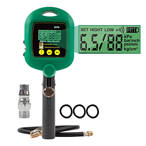 KAISAL 4-IN-1 Reifenfüller mit Reifenprofilmesser Reifendruckmesser Manometer-Messbereich 0-12 bar Digitaler Reifenfüllmessgerät Reifendruckprüfer Luftdruckprüfer Für Auto Motorrad Fahrrad LKW Cover