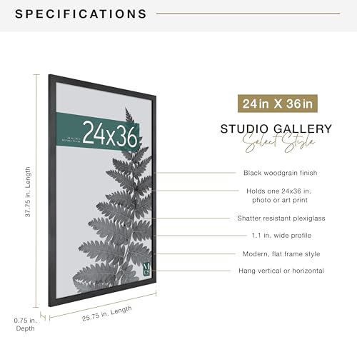 MCS Studio Gallery Movie Poster Frame 24x36 Black Woodgrain, Vertical & Horizontal Wall Hanging Large Picture Frame for Photos, Artwork & Custom Posters (1-Pack)
