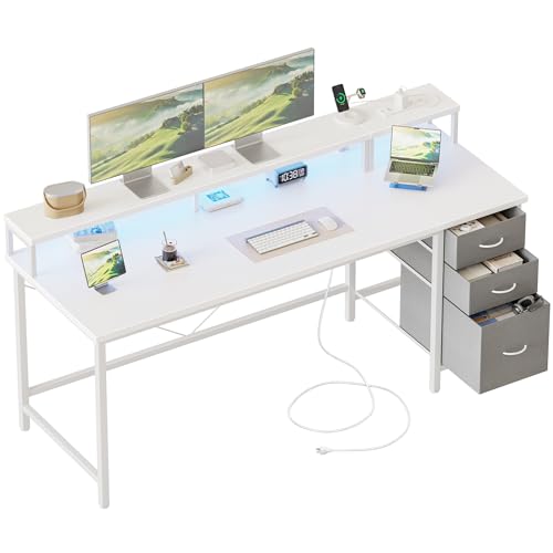 Image of Mericonia 63 inch Computer Desk with Drawers, Reversible Gaming Desk, White