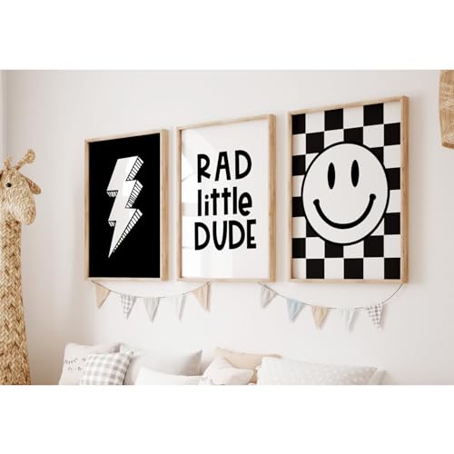 Image of Boys Room Wall Art Decor Set of 3 Toddler Nursery Canvas Wall Art Baby Kids Wall Decor Black Checkered Smiley Poster Pictures Retro Playroom Rad Little Dud Art Prints for Bedroom 12x16 Inch Unframed