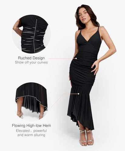 Image of Popilush Corset Dress Built in Shapewear Bodycon Cocktail Dresses for Women Wedding Guest Deep V Neck Mesh Ruched Maxi Dress