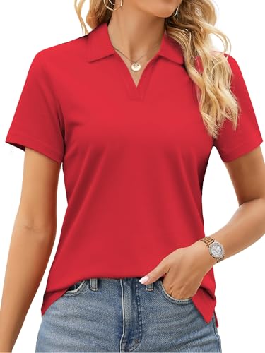 SMENG Woman Polo Shirts Short Sleeve V Neck Shirt Comfy Cotton Tops Business Casual Summer Work Golf Shirt Collars Tomato Red M