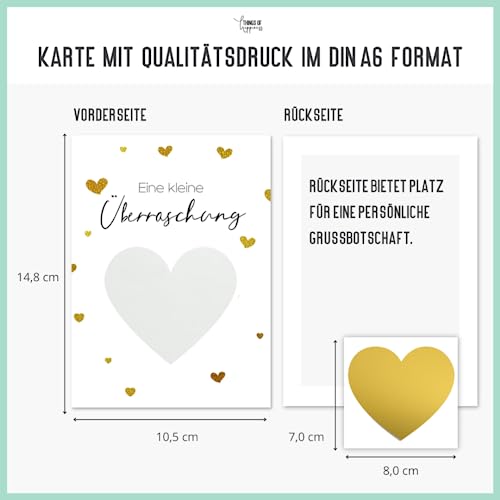 Things of Happiness Rubbelkarte zum selber beschriften | Überraschungskarte inkl. Briefumschlag Naturpapier | Rubbellos | Geschenk Muttertag, Vatertag | Gutschein Weihnachten DIN A6 (Herzen Gold)