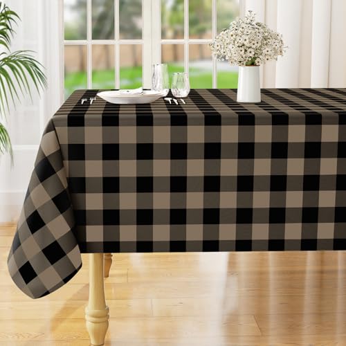Image of misaya Square Waterproof Vinyl Table Cloth, Buffalo Flannel Backed Tablecloth, Wipeable Plastic Table Cover for Dinner, Kitchen, Outdoor (54 inch x 54 inch, Black and Khaki)