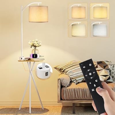 ROTTOGOON Floor Lamp with Table, End Table Lamp with Remote Control and Charging Station(USB & Type-C & AC Port), 4 Color Temperatures, Floor Lamps for Living Room, Bedroom and Home Office,White