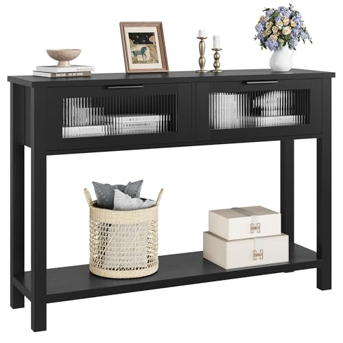 GAOMON Entryway Table, Wood Console Table with 2 Glass Drawers, 2 Tier Sofa Table with Storage for Living Room, Foyer Tables for Entryway-Black