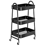 StowBin 3 Tier Metal Storage Trolley with Wheels – Rolling Utility Cart with Handle and Mesh Shelves for Kitchen, Bathroom, Office – White