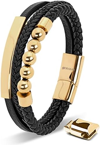 SERASAR Bracciale da Uomo in Vera Pelle Premium [Pearl] in Nero | Chiusura Magnetica in Acciaio Inossidabile in Nero, Argento e Oro | Include Portagioie | Ottima Idea Regalo