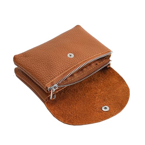 Genuine Leather Mini Change Wallet, Multifunction Zipper Pocket Key Credit Card Headset Lipstick Organizer (Brown)