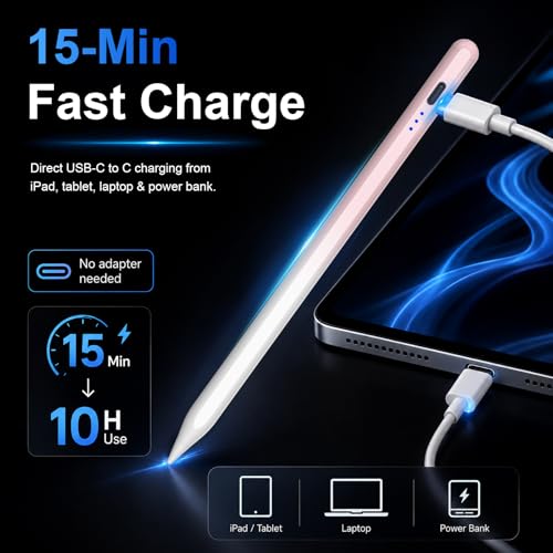 Image of HATOKU Stylus Pen for Apple iPad 2018-2026 for Note Drawing Pink White | 15Min Fast Charge iPad Pencil with High Precision, Tilt Sensitivity, Palm Rejection on iPad 6-11 /Air /Pro /Mini, No Pairing