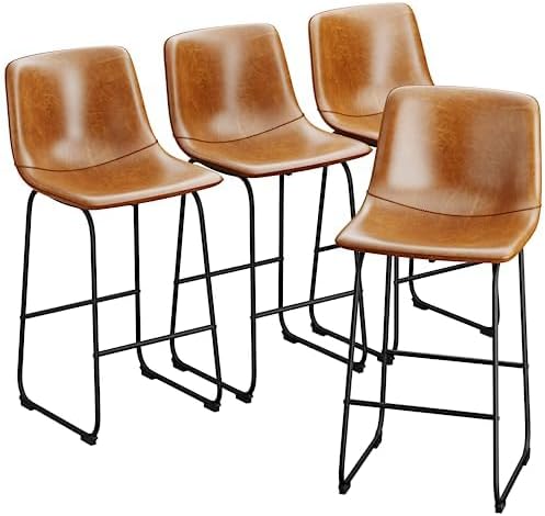 Bar Stools Set of 4, 30inch Counter Height Bar Stool with Back, Modern Faux Leather Barstools with Metal Legs and Footrest, Urban Armless Bar Chairs for Kitchens Island (Brown)