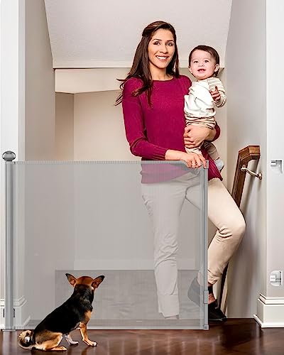 MOXTOYU Retractable Stair Gate for Baby and Pets, 180cm Extra Wide Safety Gate, 89cm Tall Baby Gate, One Handed Silent Operation Stair Gate for Dogs, Stairs, Outdoor, Doorways, Hallways, Indoor -Grey