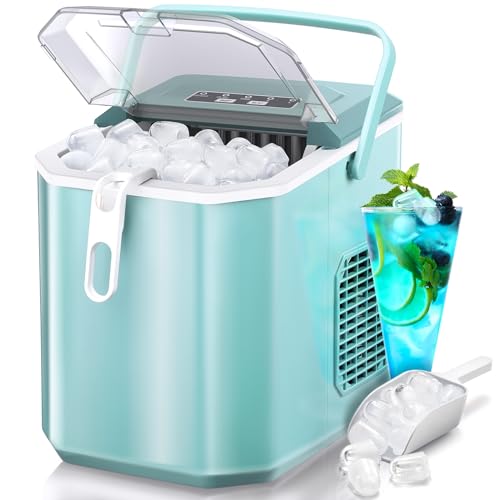 R.W.FLAME Ice Maker Countertop, Ice Maker with Carry Handle, 6 Mins 9 Ice Cubes and 26Lbs/24H, Ice Maker Machine with Basket and Scoop, Ideal for Home, Office, Kitchen, Camping, RV. (Green)