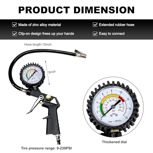 Image of DXNQ 0-230PSI Tire Inflator Pressure Gauge, 16 Bar Tyre Air Pressure Meter Air Chuck with Pressure Gauge, Tire Pressure Gauge for Car Truck Bike Air Compressor, Car Accessories