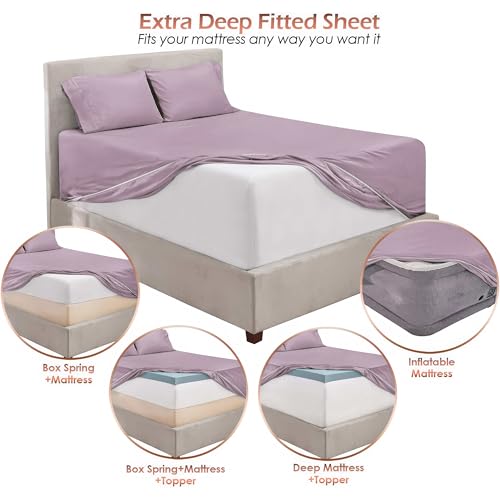 Image of Hearth & Harbor Extra Deep Pocket California King Sheets - 4 Piece Hotel Luxury California King Sheet Set Fits Up to 24 inch Mattress - Ultra Soft Luxury Bed Sheet Set - Cal King, Dusty Purple | 4 Piece Bed Sheet Set, Ultra Soft & Breathable, Fits Up to 24 inch Mattress, Hotel Luxury