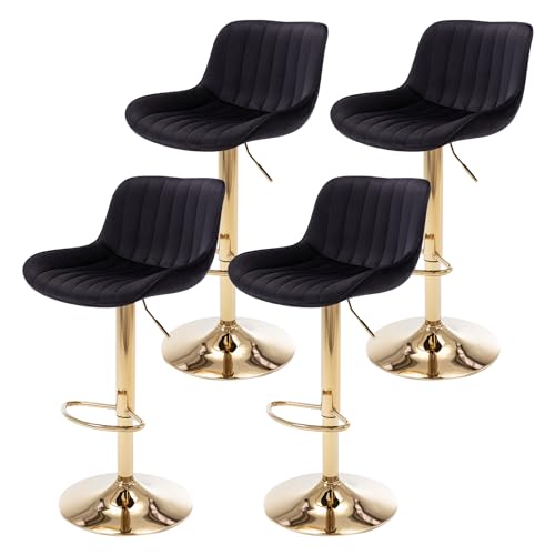 Image of ECHINGLE Velvet Bar Stools Set of 4 - Swivel Counter Height Barstools with Back & Adjustable Height, Modern Gold Kitchen Island Stools for Bar, Armless Pub Stools, Soft Black Upholstered Seating