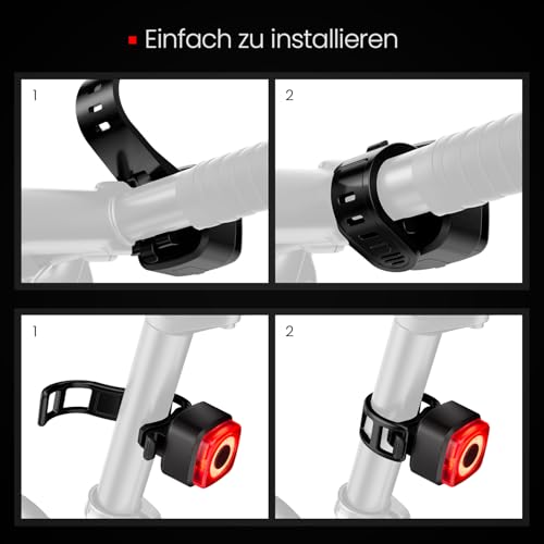 OnMeto Fahrradlicht Set, IPX5 Wasserdicht Frontfahrrad Lampe Rücklicht Fahrrad licht Set，USB Type-C Wiederaufladbares Fahrradleuchten Set… – Ansicht 6