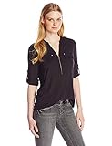 Calvin Klein Women's Modern Essential Zip Front Roll Sleeve Blouse, Black, Medium