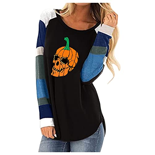 Women s Halloween Pumpkin T Shirt Crewneck Long Sleeve Tops Loose Soft Striped Basic Tee Tunic Blouse Pullover (01 Black, S)