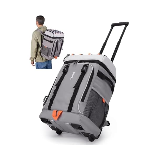TOURIT 50-Can Rolling Backpack, Double Deck & Dual-Bar Handle Travel Soft Cooler Bag with Wheels, 30L Space Beach Cooler Size 18"(15"+3")×13"×11"