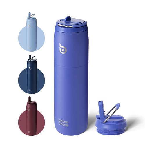 BOTTLE BOTTLE Botella de agua de acero inoxidable con pajita y tapa, aislada al vacío, mantiene el frío durante 24 horas, 12 horas de calor, a prueba de fugas, boca ancha, azul y morado
