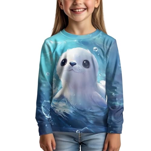 Image of Girls Cartoon Print Long Sleeve Graphic Tee Casual Crew Neck T-Shirts for 3-16 Years Little Girls