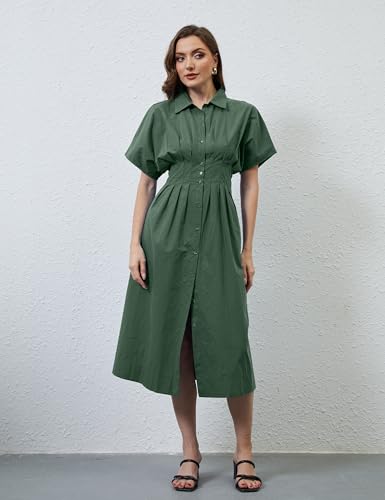 Image of calbatic Women Striped Button Down Pleated Shirt Dress Summer Short Sleeve Ruffle A Line Swing Long Blouse Midi Long Dress