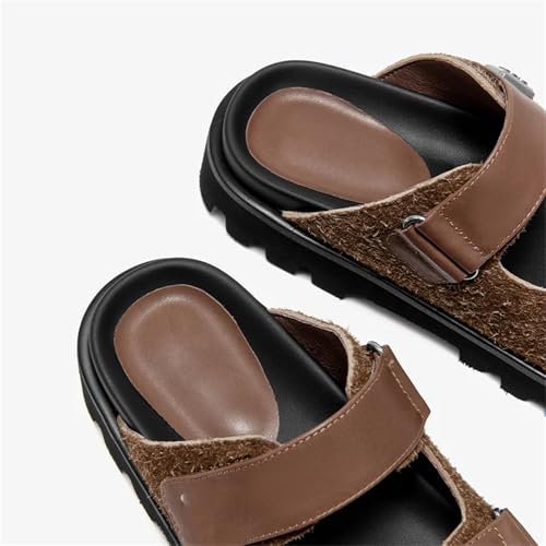Women's Calfskin Leather Hook & Loop Slippers - Thick Sole Summer Beach Flats4