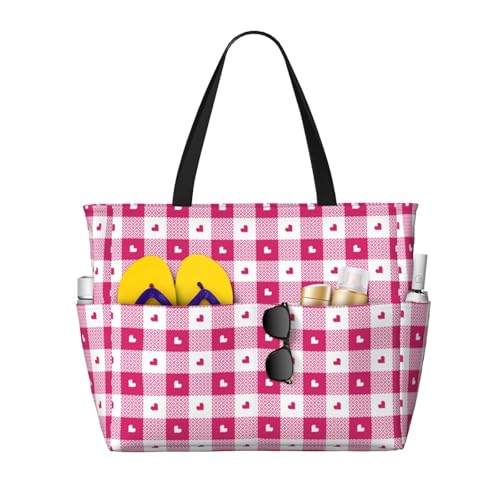 Large Beach Bags Water-resistant Sandproof - Hot pink plaid heart Cute Beach Tote Bags for Women with Zipper