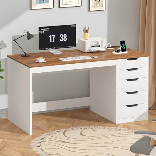 YOMILUVE 47 Inch Computer Desk with 5 Drawers and Power Outlets Home Office Desks with Storage File Cabinet Modern Simple Laptop Desk Writing Table for Small Spaces Brown and White