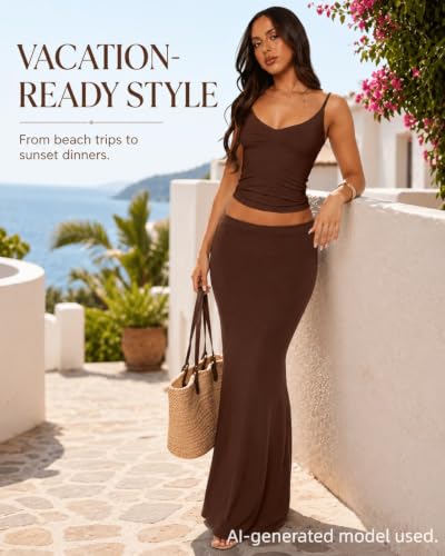 Image of Two Piece Skirt Set Women Maxi Long Skirt and Top Outfit | Soft stretchy 5 pc, slim bodycon, adjustable spaghetti straps, ruched crop tank, elastic waist, going out, beach vacation