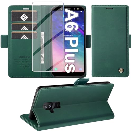 Étui en cuir pour Samsung Galaxy A6 Plus Giyer avec protège-écran et support vert