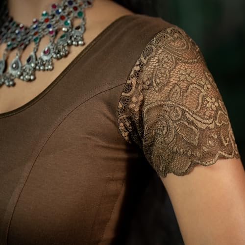 Image of Abhi Cotton Readymade Saree Blouse for Women- Half Net Sleeves, Round Neck, Regular-fit, Stretchable, Pull-on Style Blouse