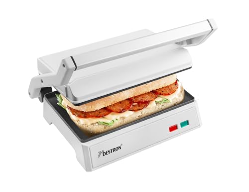 Bestron APM124W, parrilla de contacto eléctrica con bandeja de recogida, sándwichera con mango fresco y apertura de 180°, revestimiento antiadherente para panini, color blanco claro