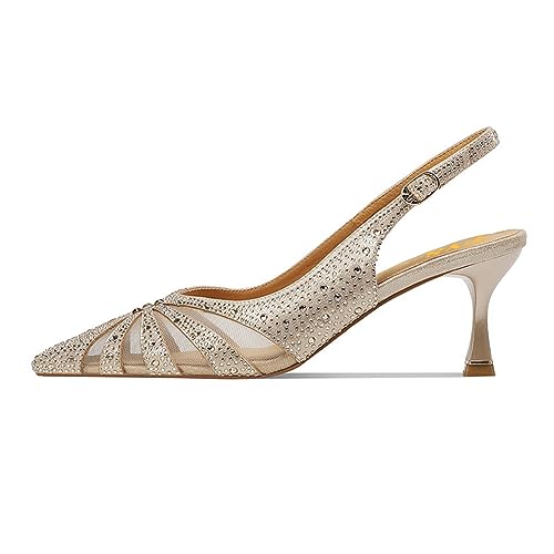 FYS Women's Elegant Pointed Toe Slingback Kitten Heels Glitter Rhinestone Studded Mesh Cutout Pump Buckle Party Prom Work Dress Wedding Shoes Size 4-16 US2