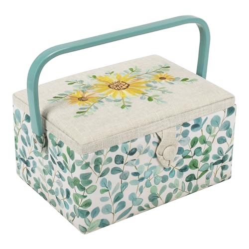 Hobby Gift Costurero mediano exclusivo, caja de almacenamiento para manualidades, bandeja para accesorios, alfiletero, mango de PVC, 18,5 x 25,5 x 14,5 cm, Eucalipto bordado