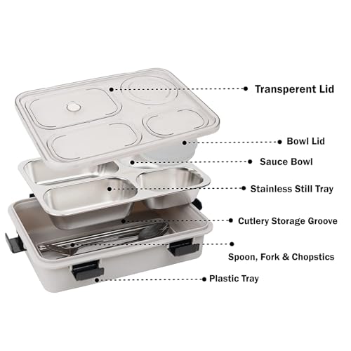 Image of Storescent Lunch Box with Compartment, Leak-Proof BPA Free Stainless Steel for School, Lunch Box for School & Office with a Fork, a Spoon and a Pair of Chopsticks (Grey, 4 Compartment)