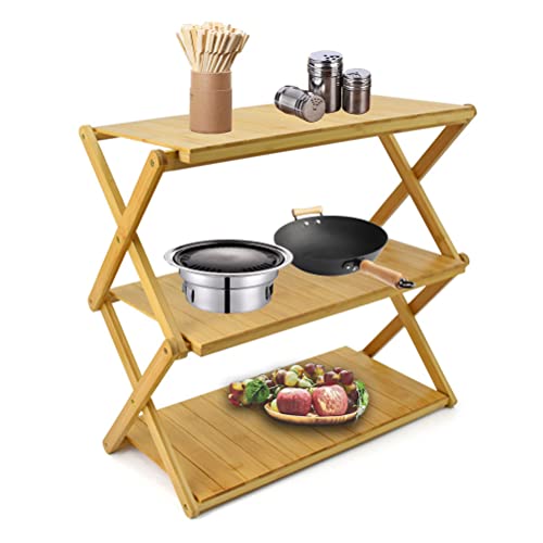 Tragbarer Camping-Klappschrank mit Bambusplatte, faltbares Regal für Outdoor-Küche, 3 Etagen, Teleskop-Aufbewahrung
