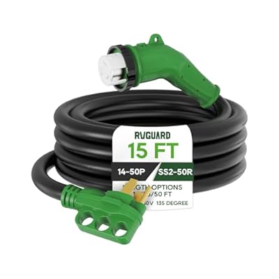 RVGUARD 50 Amp 15 Foot RV Power Cord with 135 Degree, 14-50P to SS2-50R Generator Extension Cord, Heavy Duty STW Cord with LED Power Indicator, Green, ETL Listed