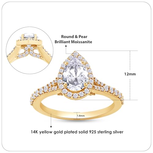 1.75 CTTW Pear & Round Cut Lab Created Moissanite Pear Shaped Halo Wedding Engagement Ring for Women in 14k Gold Plated Sterling Silver Promise Ring for Her, VVS1 Clarity2