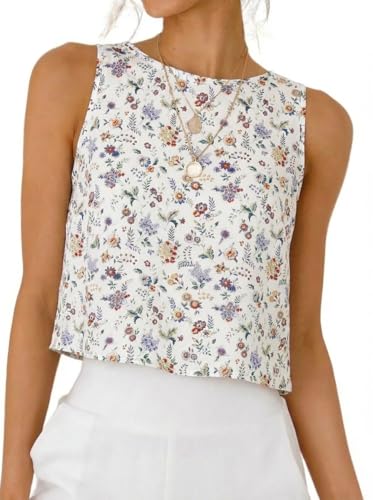 IDEALSANXUN Boho Tops for Women 2026 Spring Summer Beach Cute Crop Cotton Floral Top Sleeveless Shirts Blouses, Floral White, M